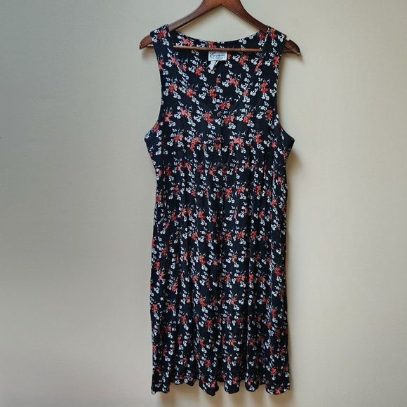 Vintage black floral print rayon dress / button front - Picture 1 of 9